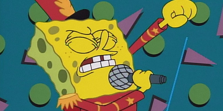 Spongebob Squarepants singing into microphone