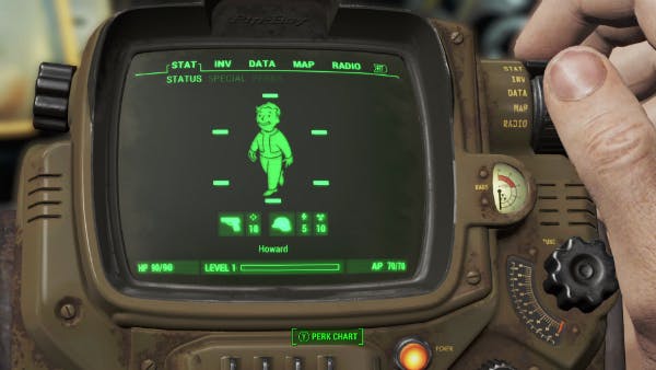 The virtual Pip Boy, on your virtual wrist in Fallout 4.