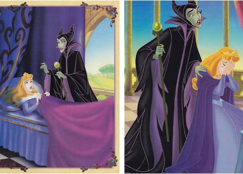 scans of art from 'My Side of the Story - Sleeping Beauty.' A concerned Maleficent stands over a startled Aurora in bed; in the next picture, Maleficent, still looking concerned and sympathetic, stands behind Aurora as she cries. The artwork is colorful and done in the style of the original animation.
