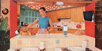 woman in 1950's kitchen with internet-connected gadgets