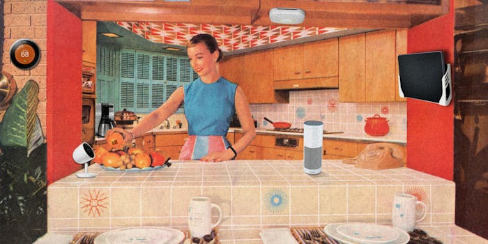 woman in 1950's kitchen with internet-connected gadgets
