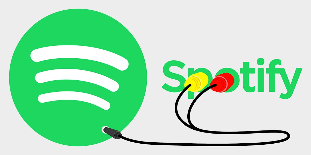 Audio cables plugged into P and O in 'Spotify' going to logo