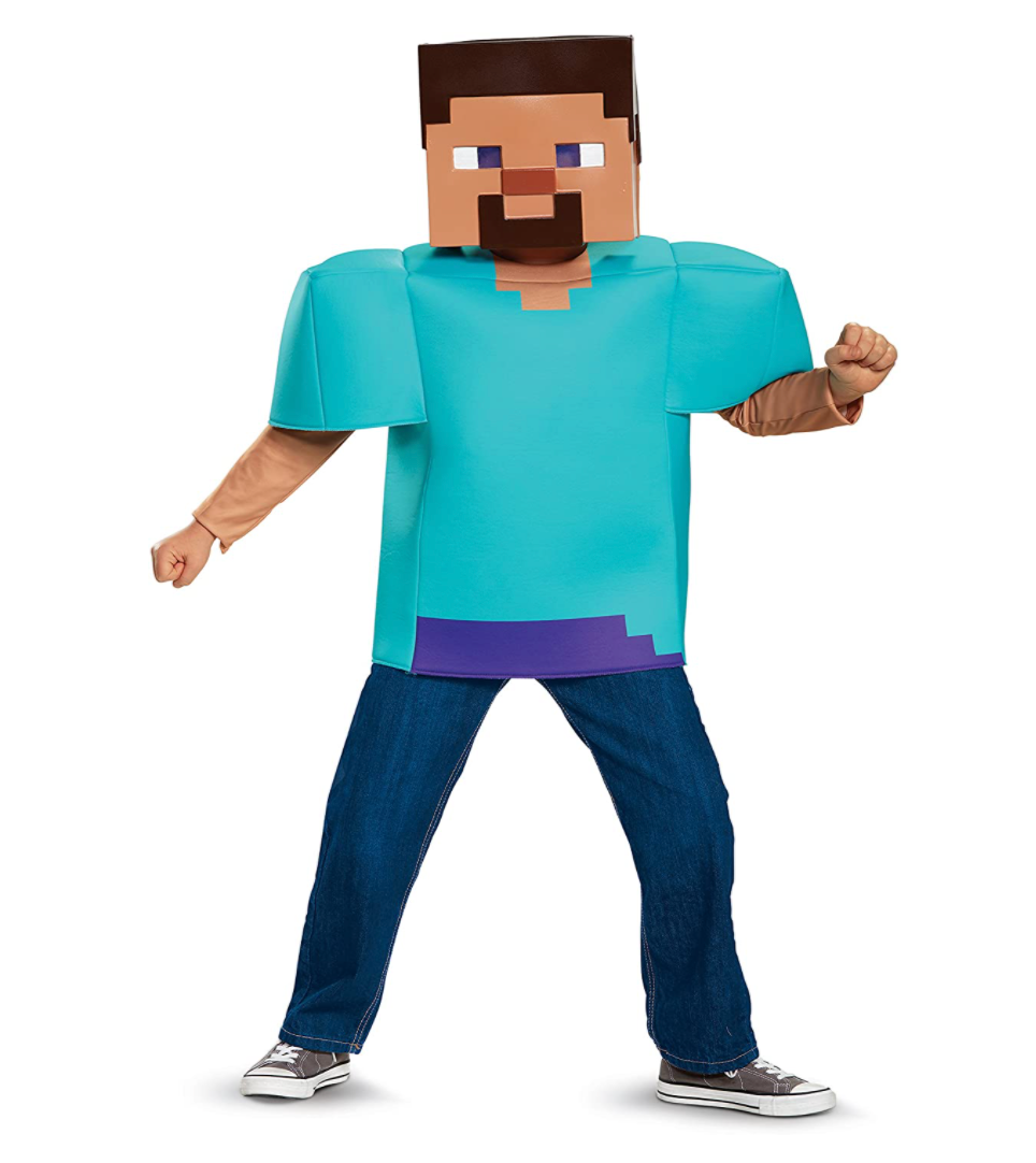 Boy dressed as Minecraft Steve nerdy costume.