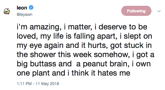 i'm amazing, i matter, i deserve to be loved, my life is falling apart, i slept on my eye again and it hurts, got stuck in the shower this week somehow, i got a big buttass and a peanut brain, i own one plant and i think it hates me