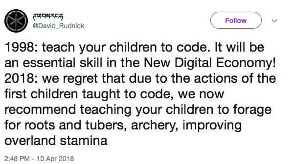 1998: teach your children to code. It will be an essential skill in the New Digital Economy! 2018: we regret that due to the actions of the first children taught to code, we now recommend teaching your children to forage for roots and tubers, archery, improving overland stamina