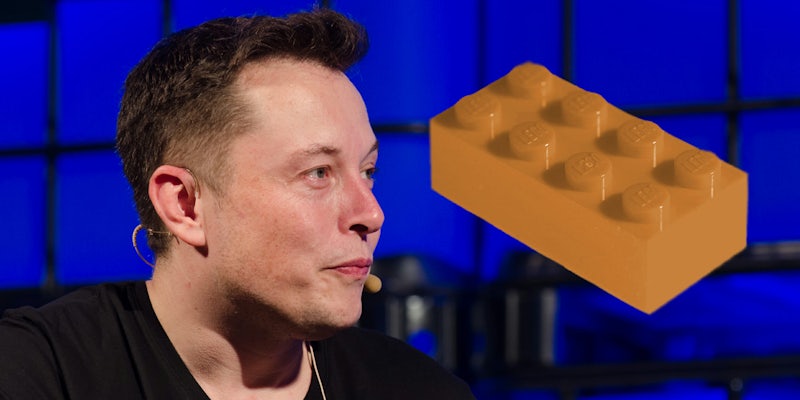 Elon Musk with a beige lego brick