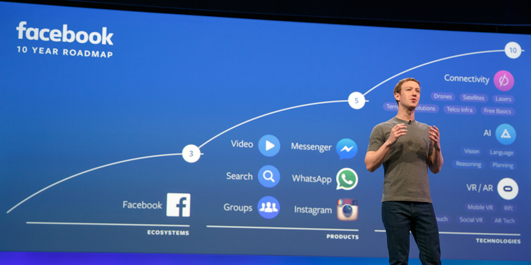 Zuckerberg onstage at F8 in 2016
