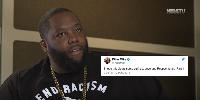 Killer Mike sits in a black teeshirt that reads "End Racism"