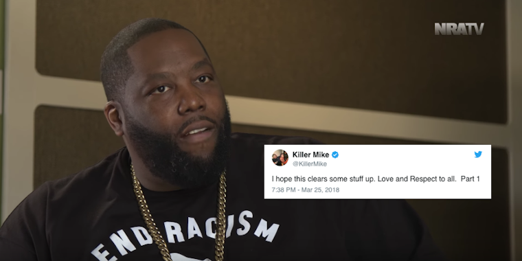 Killer Mike sits in a black teeshirt that reads 'End Racism'