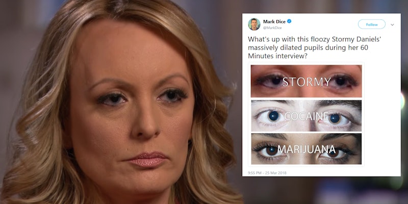 Some on Twitter speculated that Stormy Daniels was high during her 60 Minutes interview–the evidence is apparently the size of her pupils.