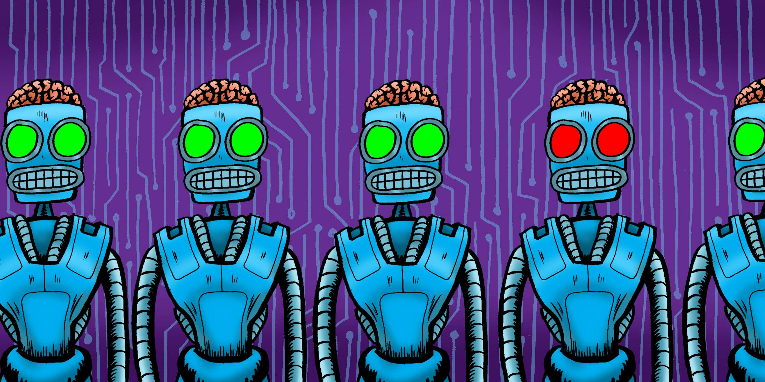 A line of identical robots with one having evil eyes