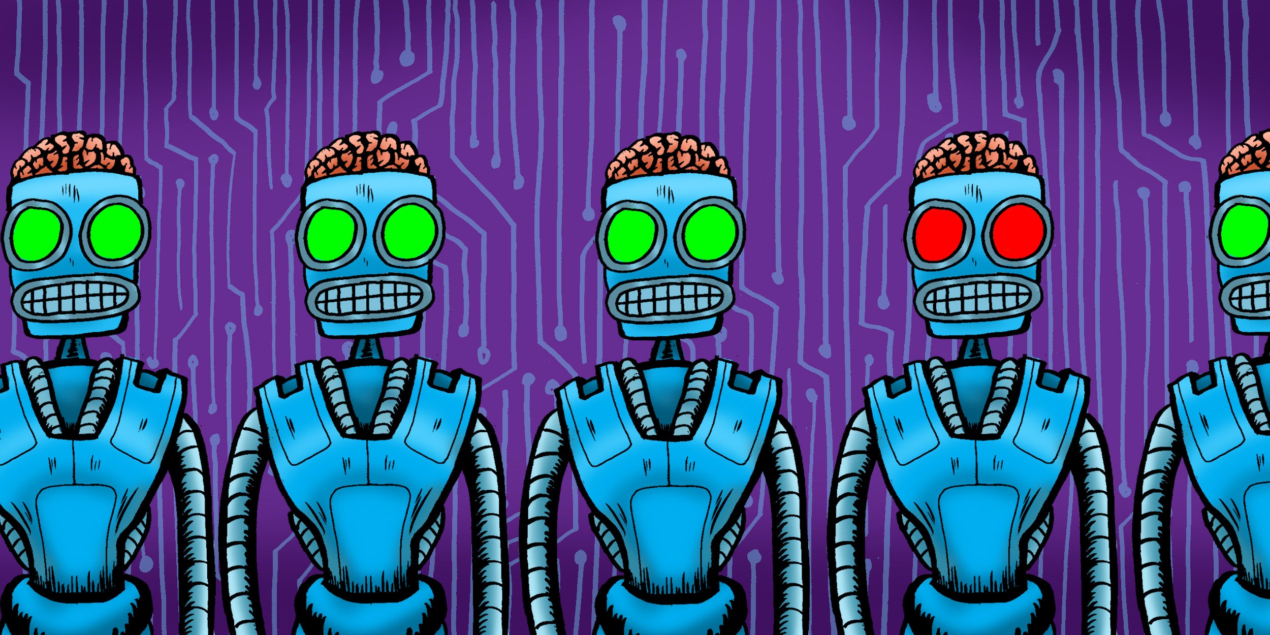 A line of identical robots with one having evil eyes