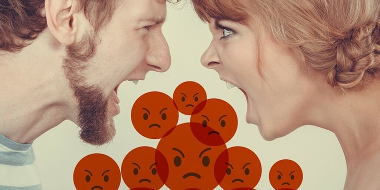 Couple arguing with angry emoji faces