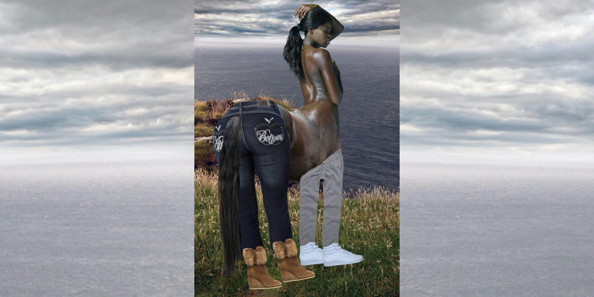 Centaur woman with Apple Bottom jeans, boots with the fur, baggy sweatpants and the Reeboks with the straps