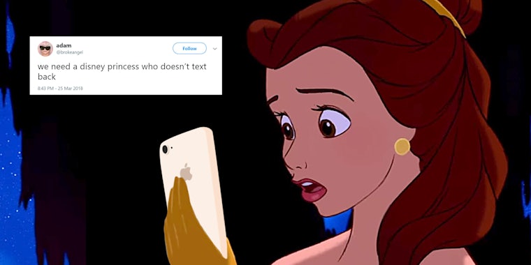 Belle from Beauty and The Beast looking at iPhone. We Need a Disney Princess meme.