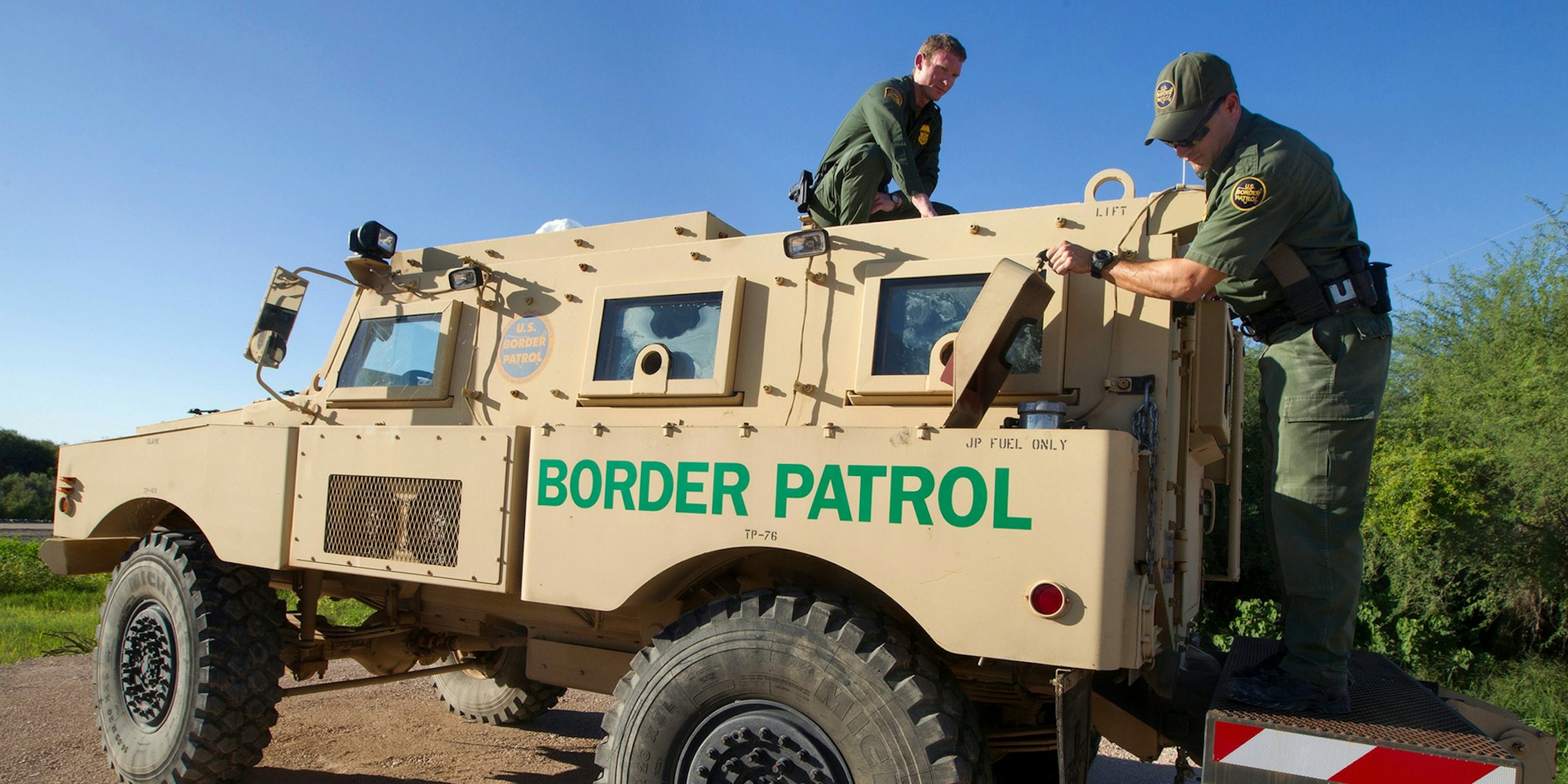 Border Patrol Agents conduct an operations check on a Mine Resistant Ambush Protected (MRAP) vehicle.