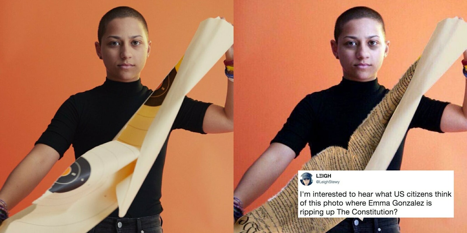 Two images of Emma Gonzales, one of her ripping up a target practice sheet and the other ripping up the Constitution.