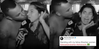 A Brazil female sports reporter being sexually harassed while working.