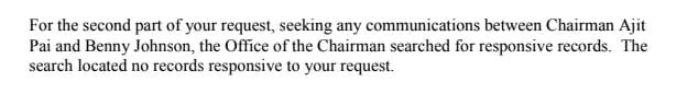 FCC said it did not have any communications between Ajit Pai and Daily Caller author Benny Johnson.