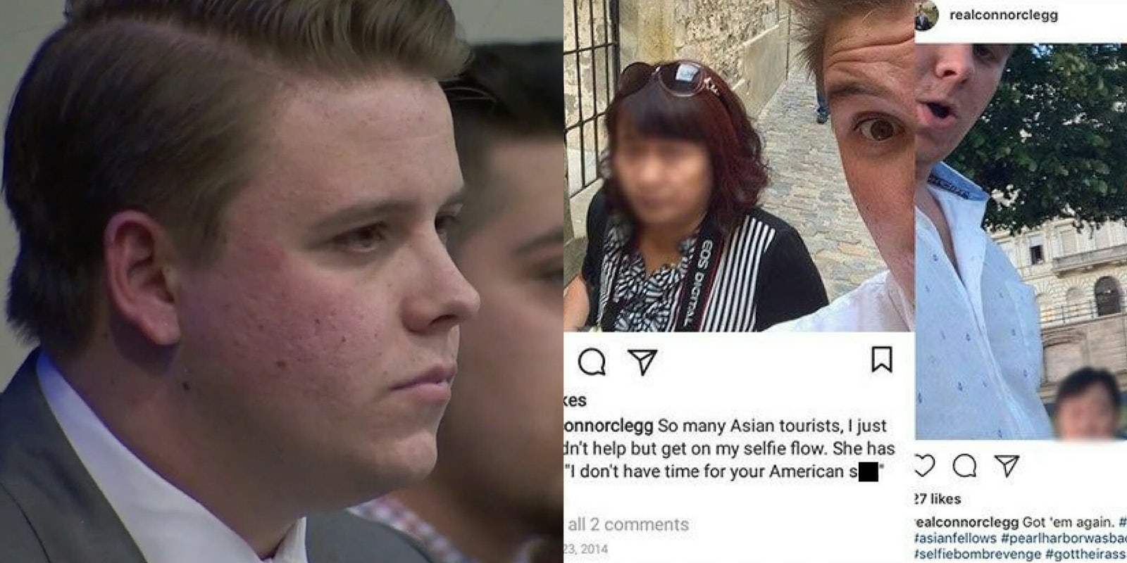 Impeached Texas State student body president Connor Clegg next to racist Instagram posts he made in 2014.