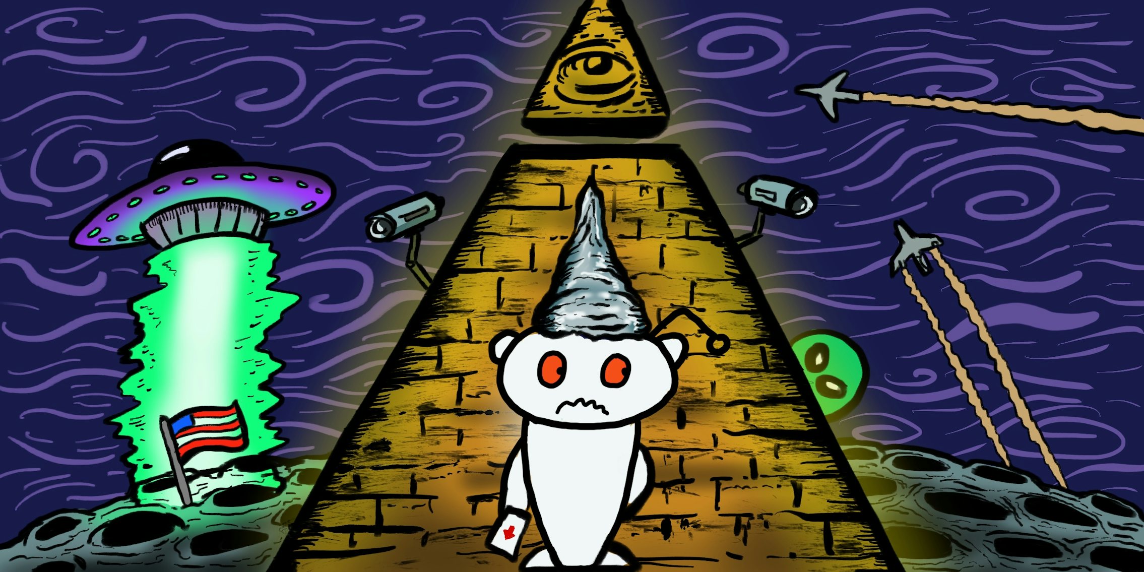 Reddit logo surrounded by popular conspiracy theory imagery