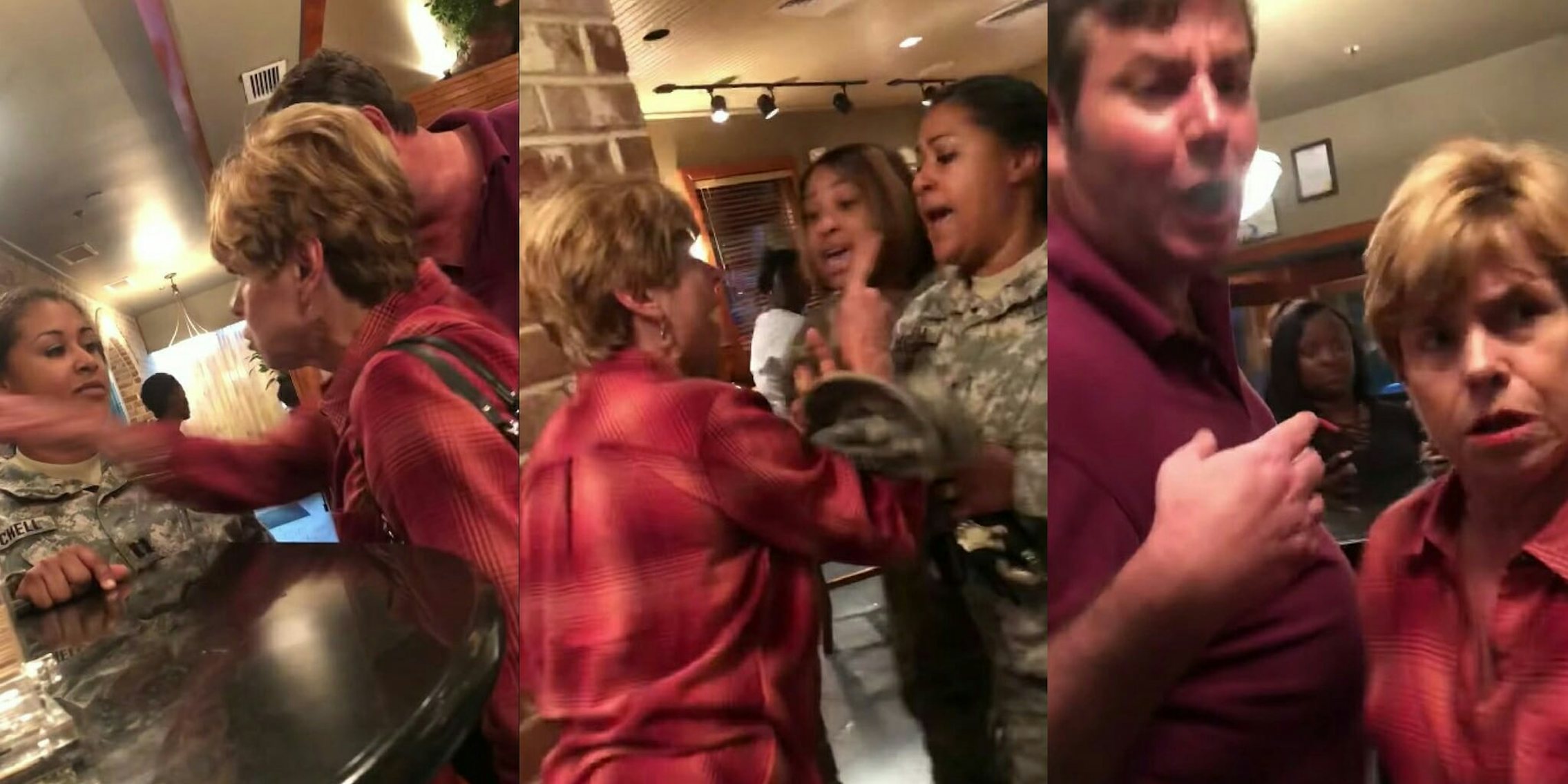 Judy Tucker charges at two Black female soldiers, one who is pregnant, inside a Cheddar's restaurant in Macon, Georgia.