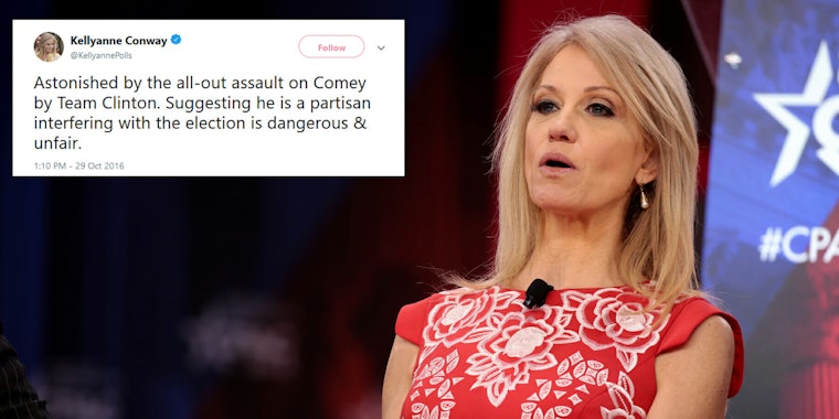 In October 2016 Kellyanne Conway criticized an 'all-out assault' against James Comey during the Hillary Clinton investigation. Conservatives are lashing out against him now.