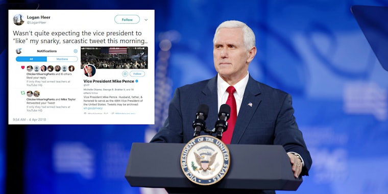 The official Twitter account for Vice President Mike Pence appears to have liked a tweet earlier this week that was making fun of President Donald Trump's suggestion at arming teachers in the wake of the school shooting in Parkland, Florida.