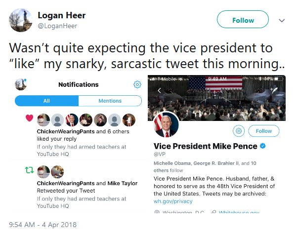 The official Twitter account for Vice President Mike Pence appears to have liked a tweet earlier this week that was making fun of President Donald Trump's suggestion at arming teachers in the wake of the school shooting in Parkland, Florida.