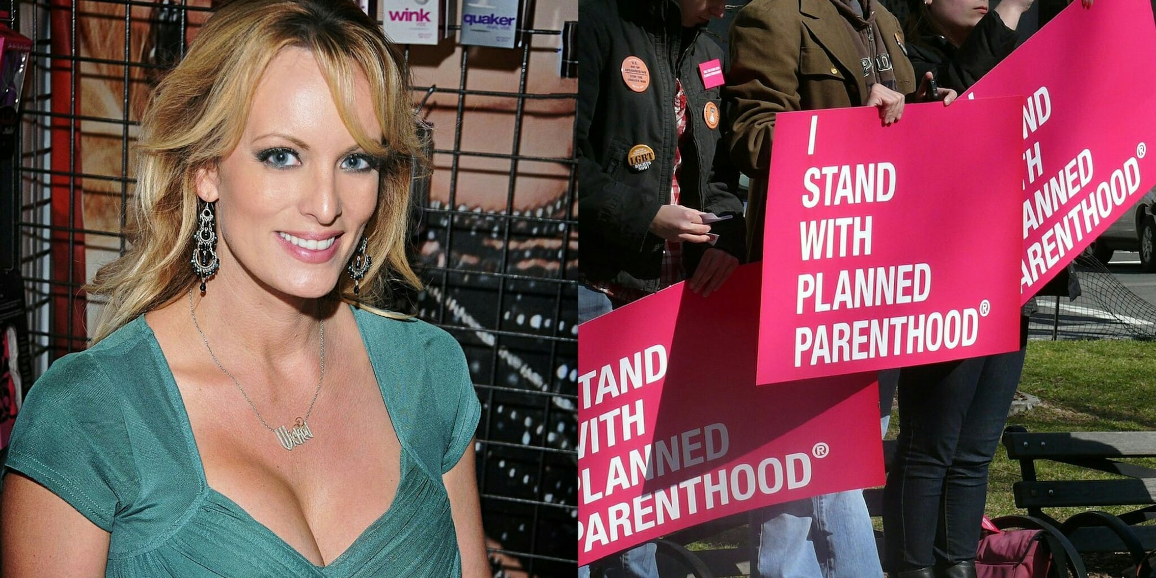 Stormy Daniels next to protesters with signs that say 'I Stand With Planned Parenthood.'