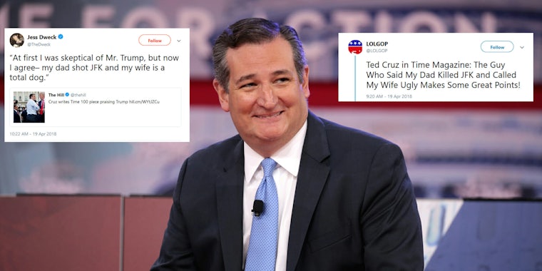 Sen. Ted Cruz is being slammed on Twitter for writing a glowing blurb about President Donald Trump in Time Magazine's Top 100 Influential People.