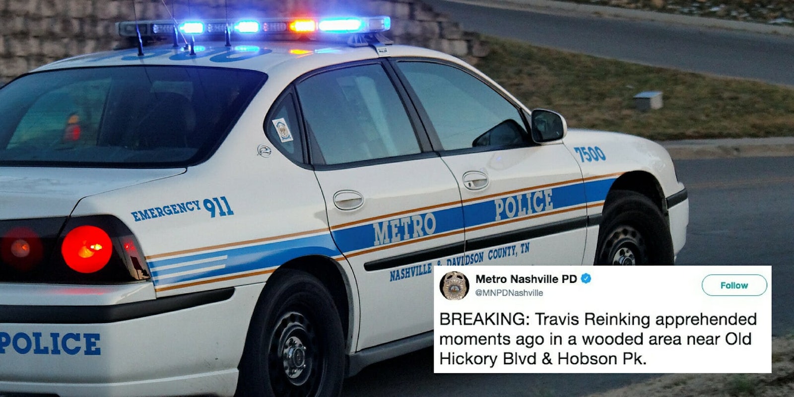 A Nashville cop car with a tweet announcing Travis Reinking has been arrested.