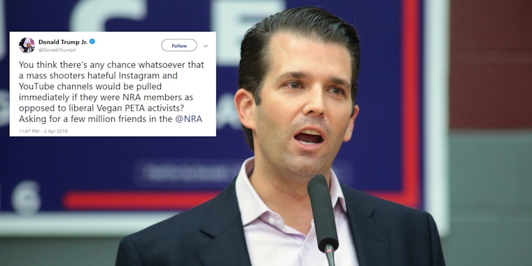Donald Trump Jr.'s hot take about the YouTube shooting isn't going over well. He tweeted that if the shooter was an NRA member, their social media wouldn't have been taken offline.