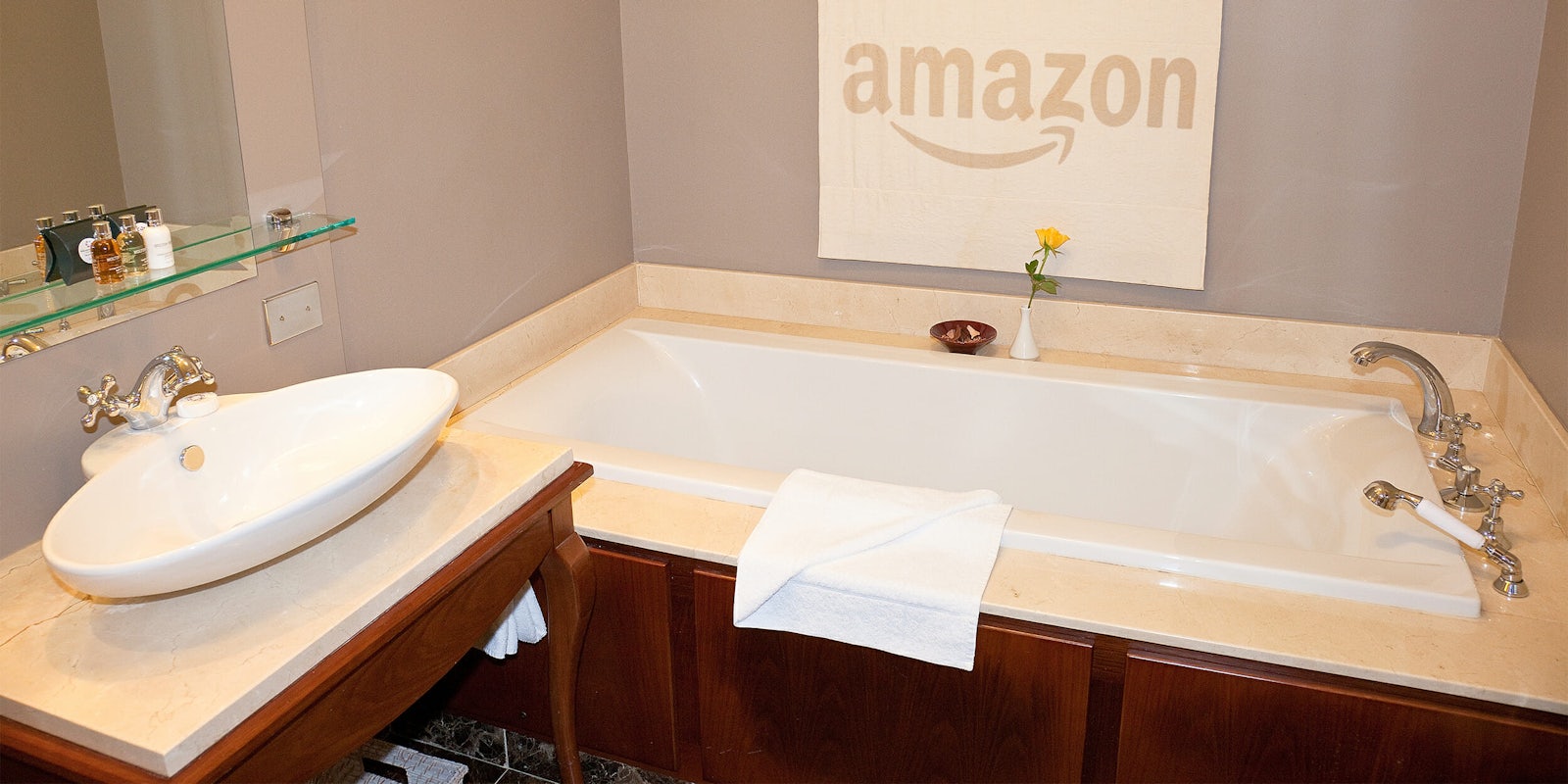 Bathroom with Amazon logo on towel