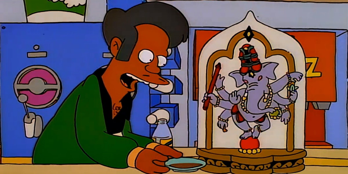 Apu Nahasapeemapetilon giving a statue of Ganesha some Yoo-Hoo on a platter
