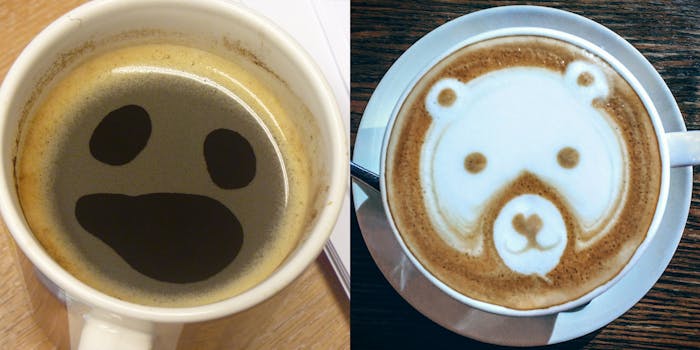 Eyes and mouth made from lack of bubbles in coffee, bear face made from foam in coffee