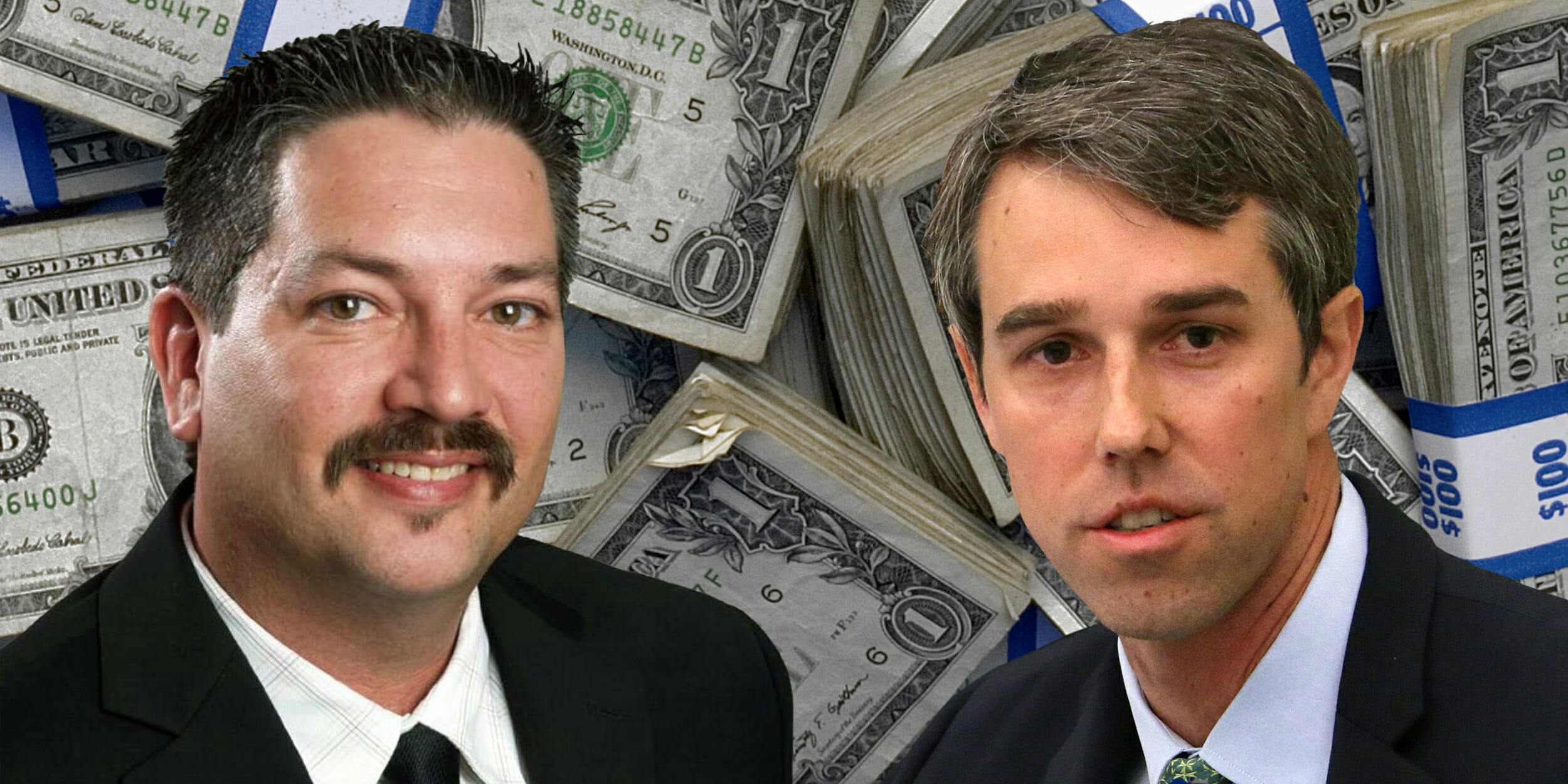 Randy Bryce and Beto O'Rourke in front of stacks of US currency