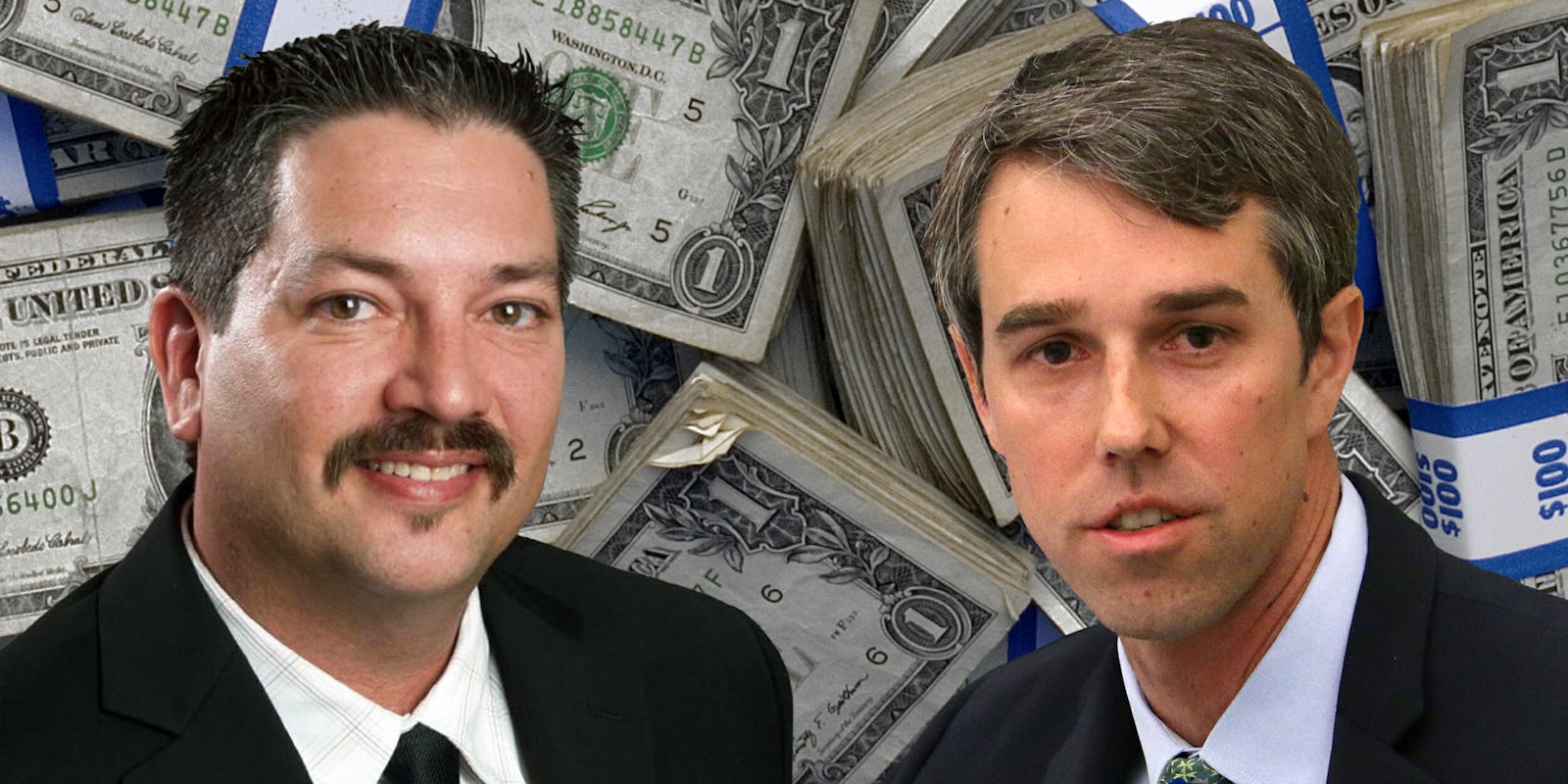 Randy Bryce and Beto O'Rourke in front of stacks of US currency