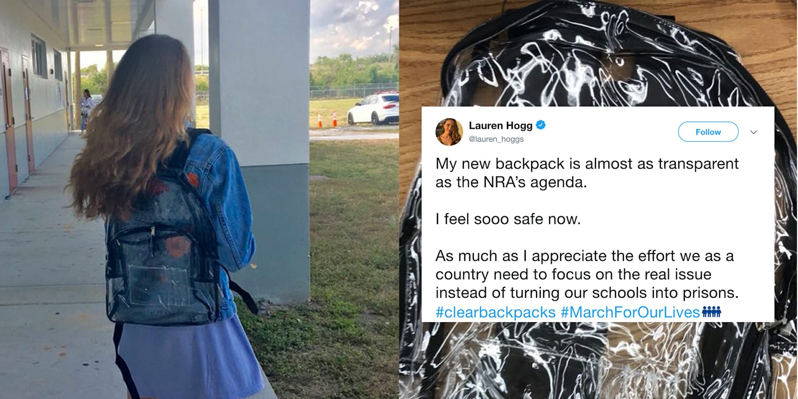 Students at Marjory Stoneman Douglas High School are criticizing and mocking their new clear backpacks on Twitter.