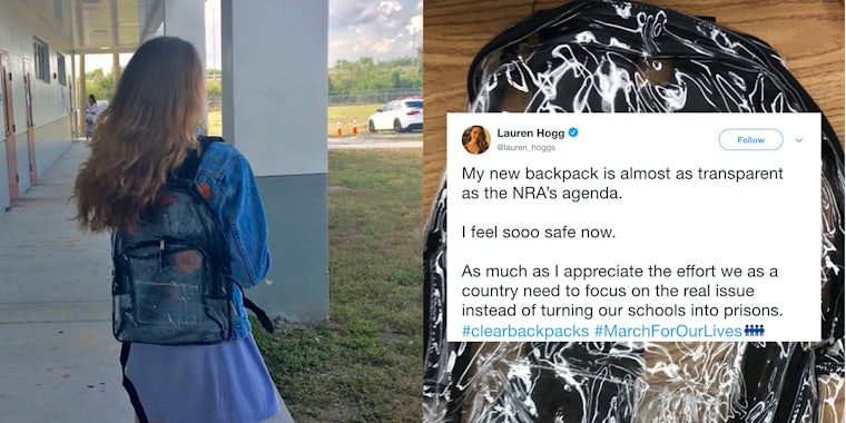 Students at Marjory Stoneman Douglas High School are criticizing and mocking their new clear backpacks on Twitter.
