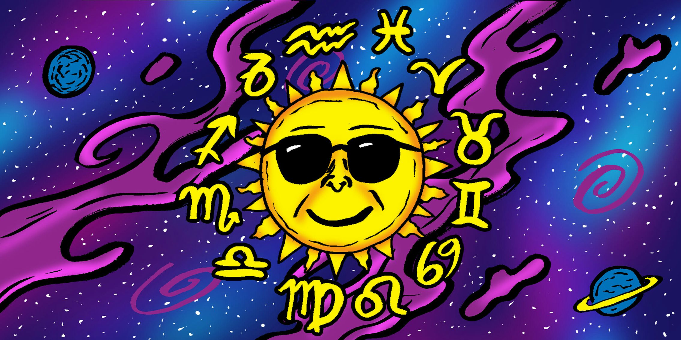 Cosmic background with sun emoji and symbols circling it