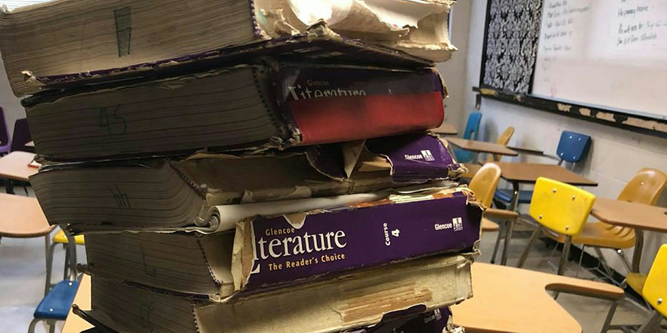 crumbling textbooks in classroom
