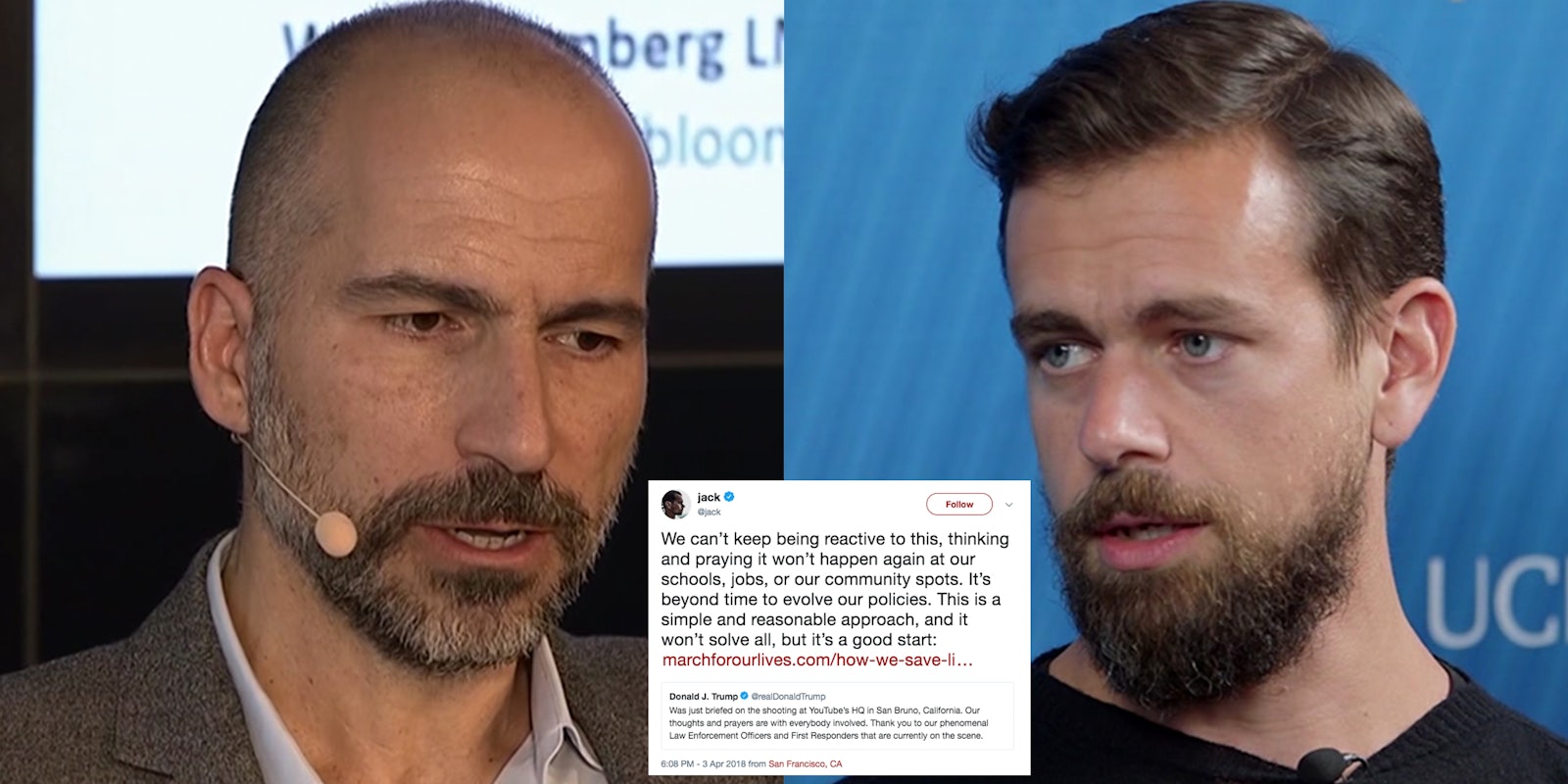 Uber CEO Dana Khosrowshahi and Twitter CEO Jack Dorsey called for gun control following a shooting at YouTube's headquarters.