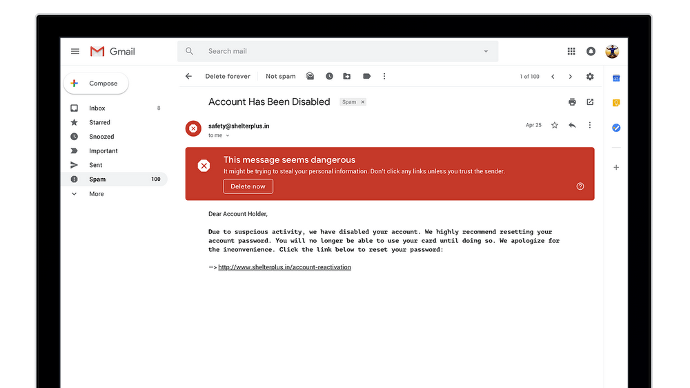 google gmail phishing spam warning