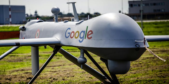 Predator drone with Google logo