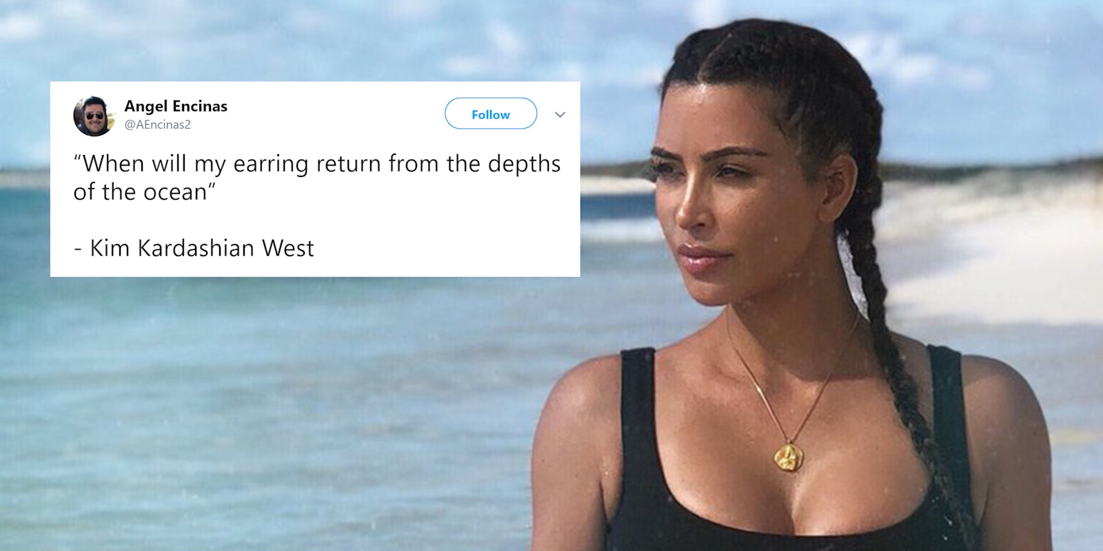 Kim Kardashian at the beach with 'When will my earring return from the depths of the ocean' tweet