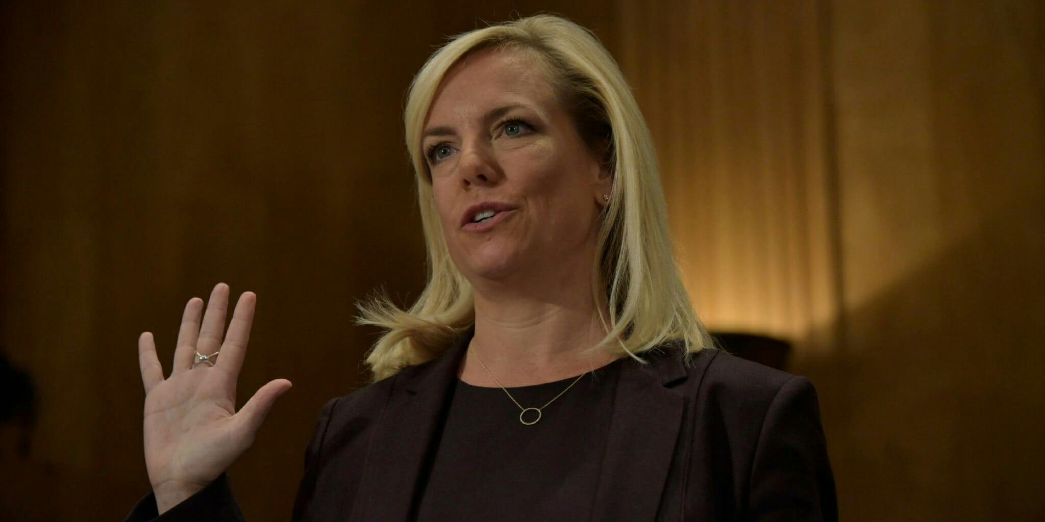 Kirstjen Nielsen is sworn in at a hearing on her nomination to become the Secretary of the Department of Homeland Security.