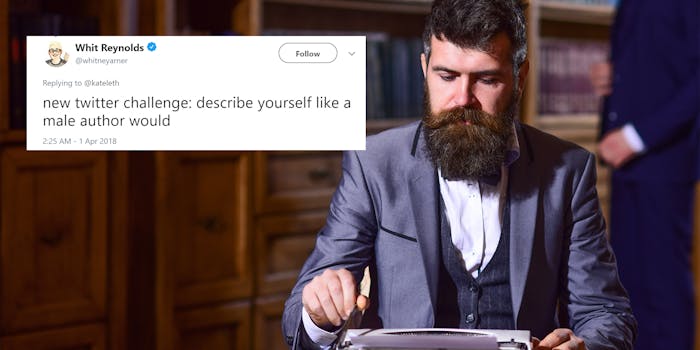 Man using typewriter with "new twitter challenge: describe yourself like a male author would" tweet