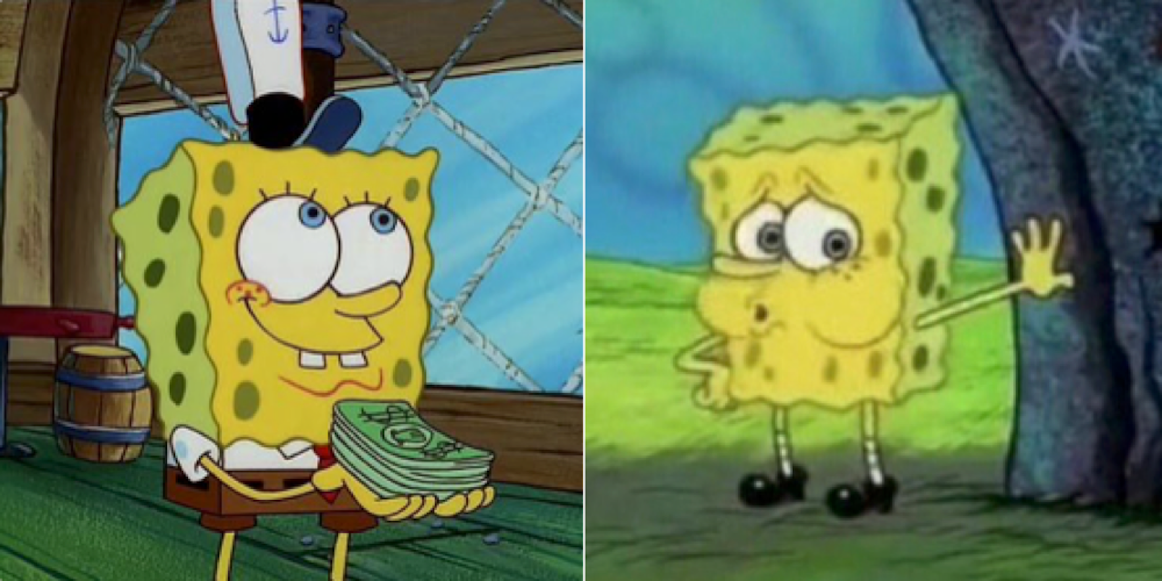 spongebob squarepants holding a pile of money