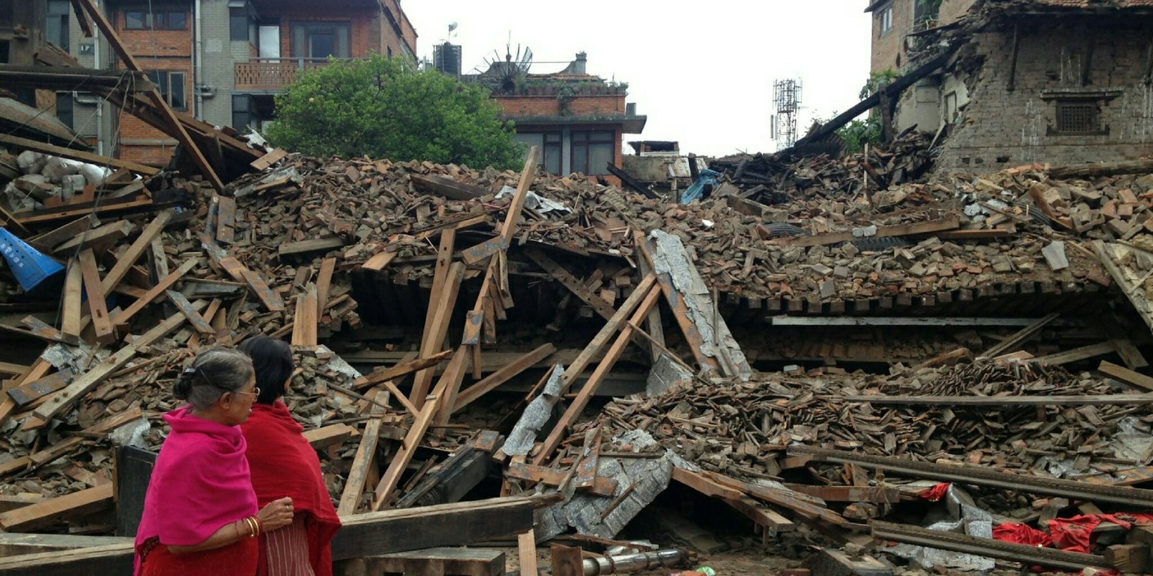 Pedestrians examine the earthquake destruction in Bhaktapur, Nepal.